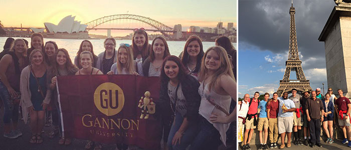 Gannon Students in front of the Eifel Tower and Sydney, Austrailia