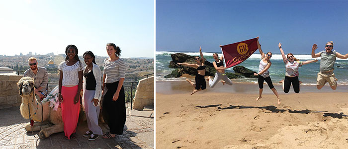 Gannon Students with a Camel and the Gannon University Flag